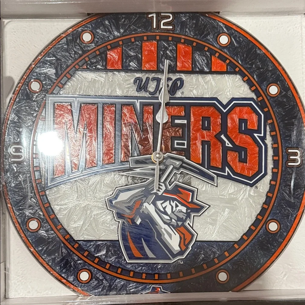 UTEP Miners Art-Glass Wall Clock - Orange and Blue